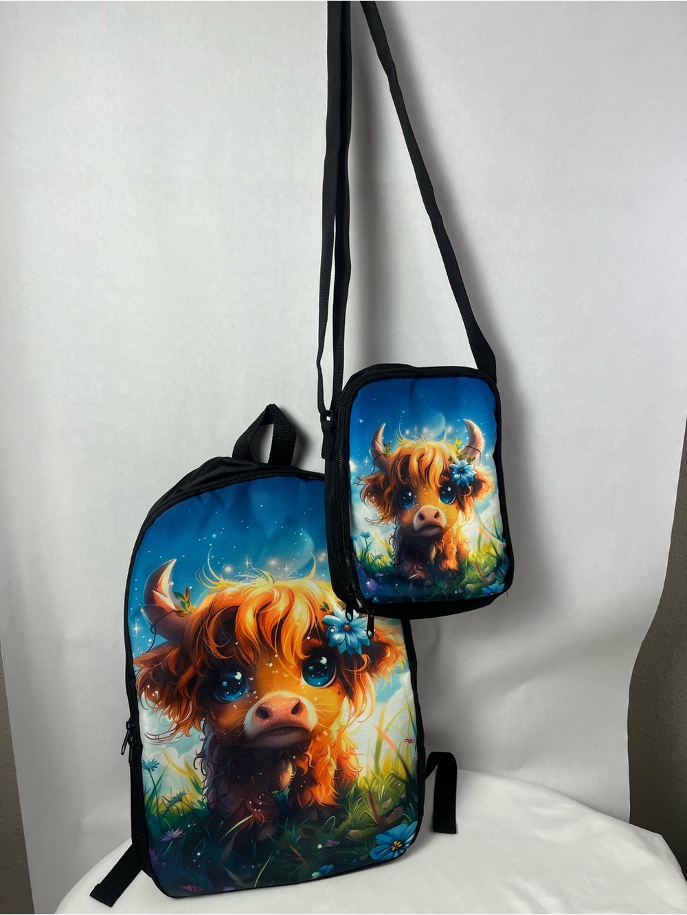 Cute Highland Cow Print Women’s Backpack & Crossbody Lunchbox Set - Blue/Orange